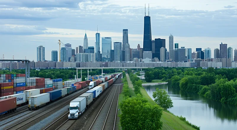Chicago skyline with intermodal rail and truck freight infrastructure in foreground