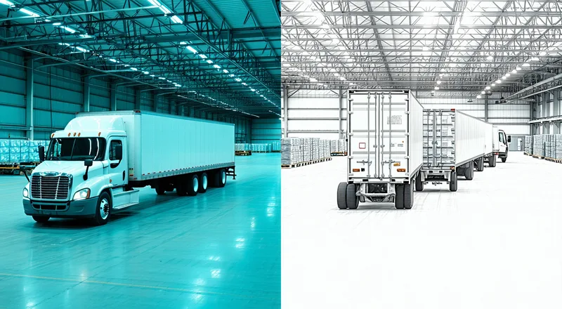 Side-by-side view of full truckload and LTL freight scenarios at a distribution facility