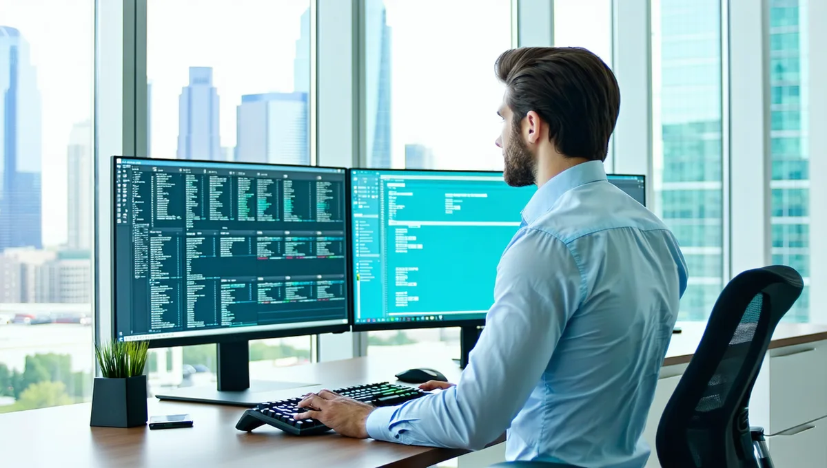 Freight broker dispatcher at desk reviewing dual monitors in a professional Chicago office with natural light