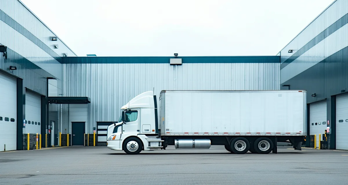 Asset carrier semi-truck backed up to loading dock at distribution facility
