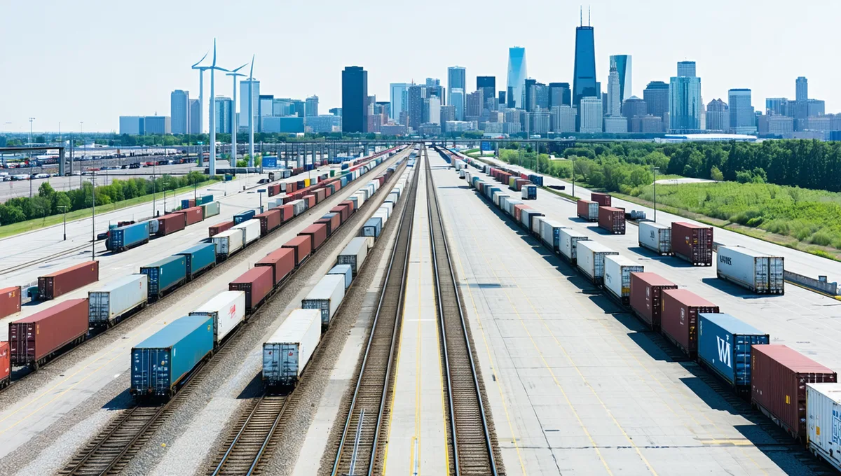 Chicago intermodal rail and truck freight facility with city skyline in background