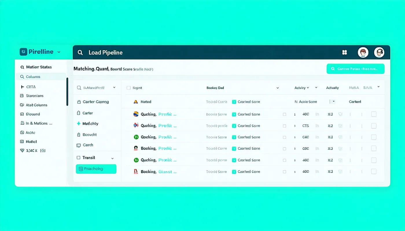 Loadwyre broker platform dashboard showing load pipeline, carrier match list, and real-time status tracking